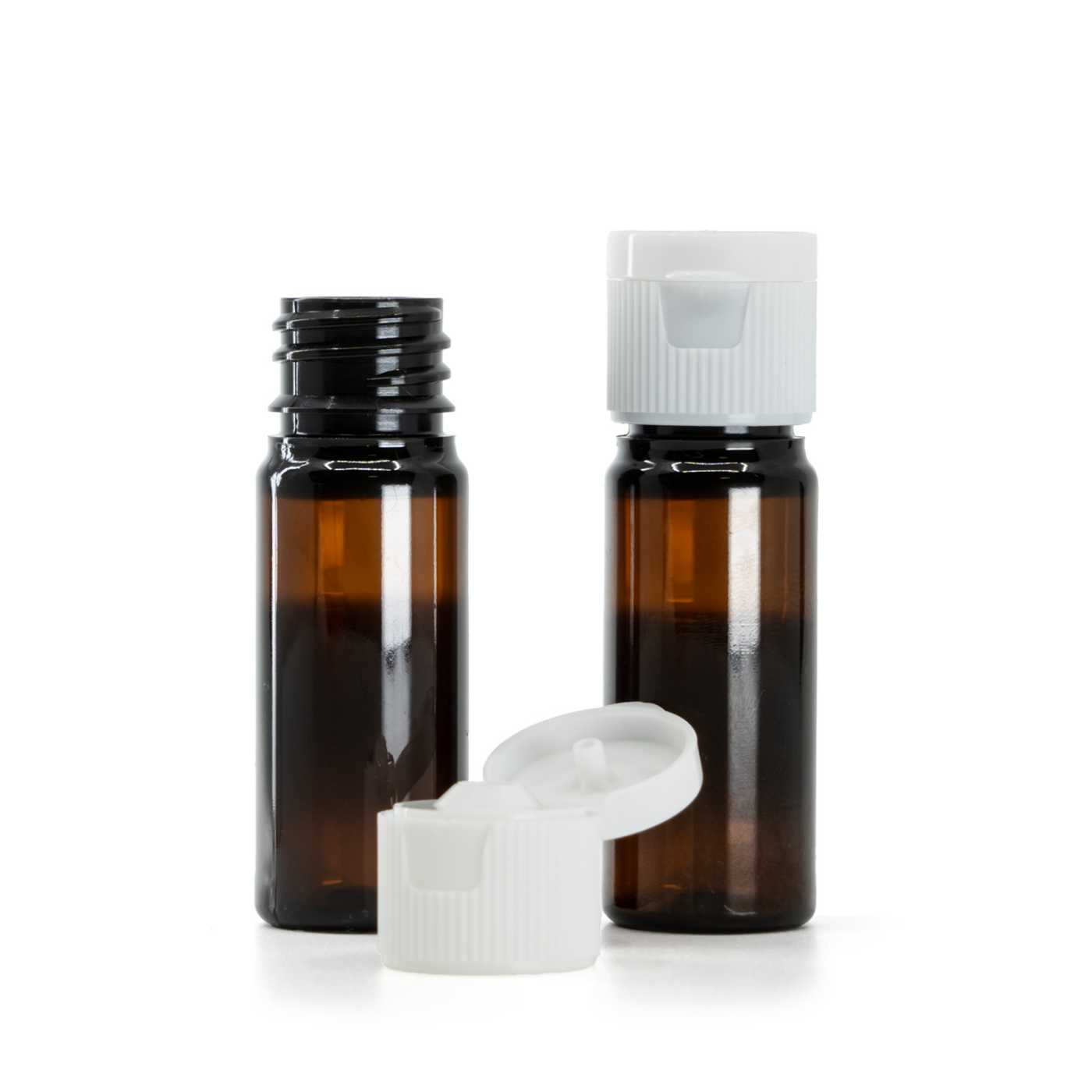 Braune Kunststoffflasche 10 ml, Flip-Top-Verschluss weiß, 18/410