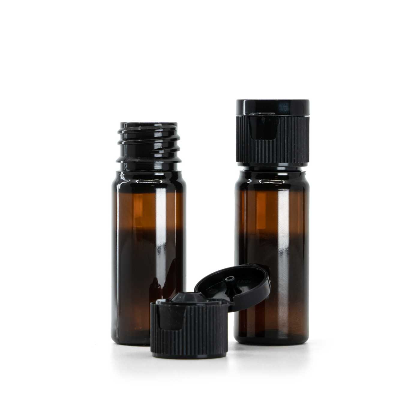 Braune Kunststoffflasche, 10 ml, schwarzer Kunststoff-Flip-Top-Verschluss, 18 mm