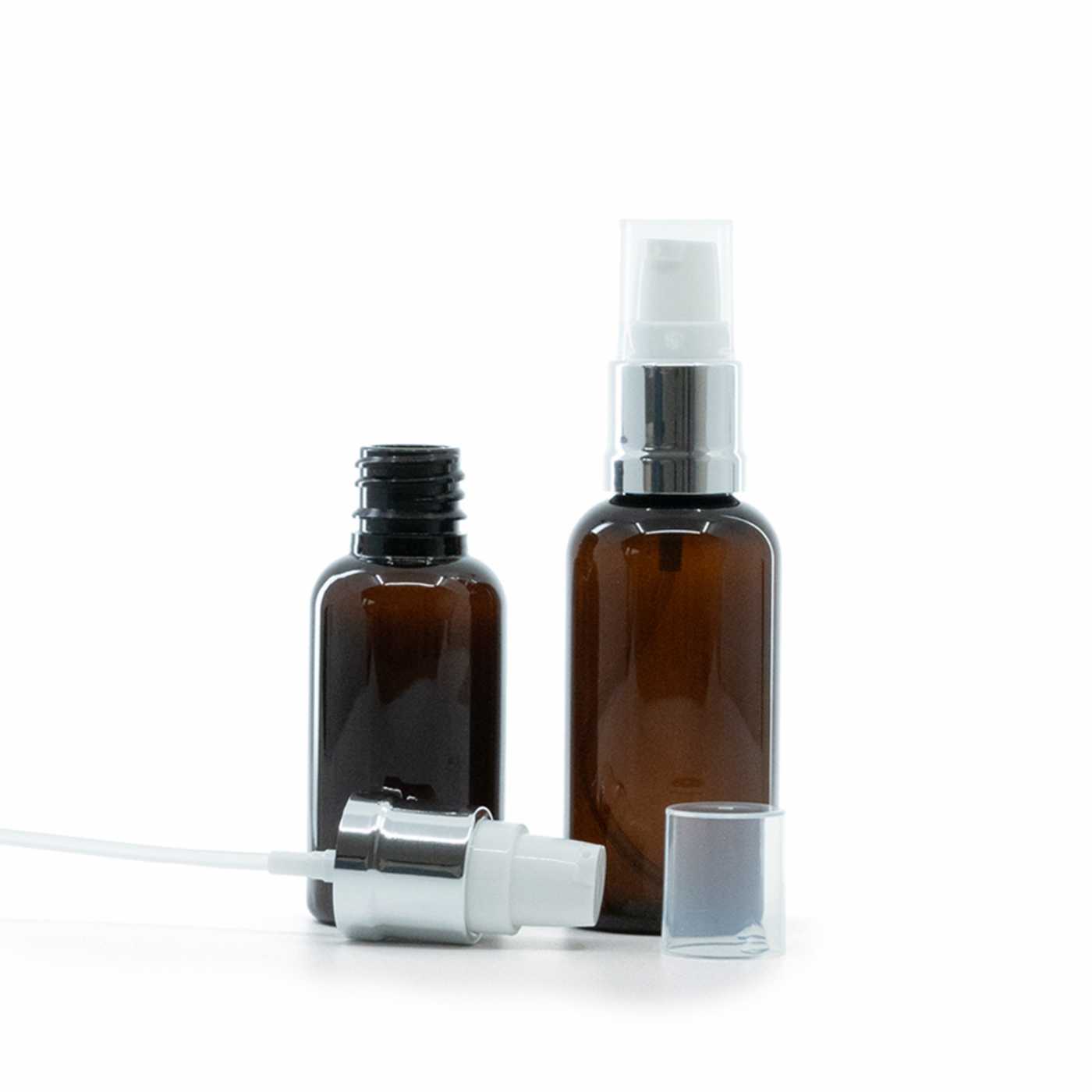 Flacon en plastique ambré avec pompe blanche et argentée brillante, 30 ml