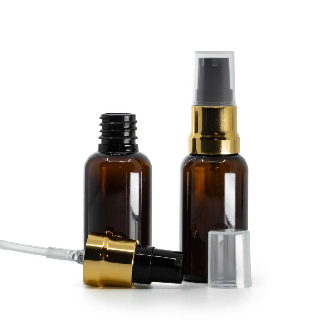 Flacon en plastique ambré, pompe noire et or brillante avec capot transparent, 30 ml