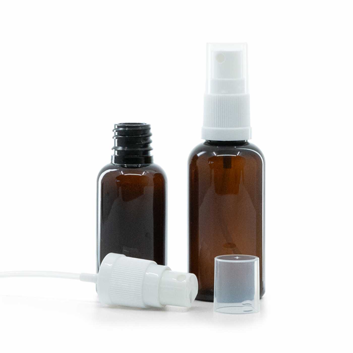 Flacon en plastique ambré avec pompe spray blanche, 30 ml