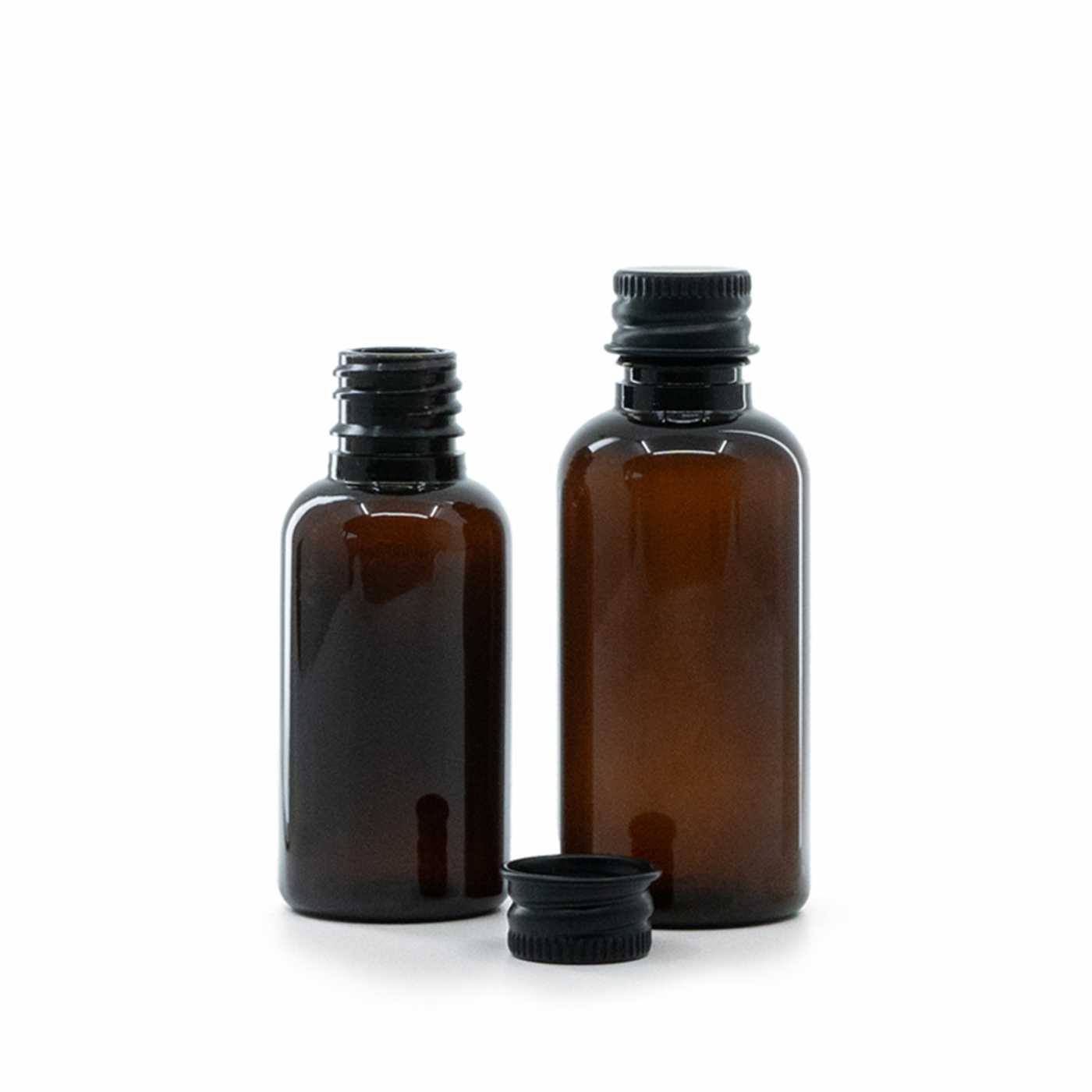 Flacon en plastique ambré, bouchon en aluminium noir, 30 ml