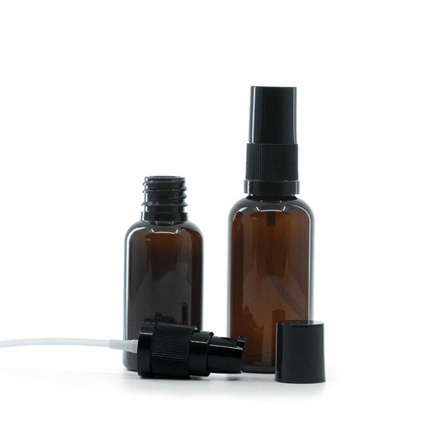 Flacon plastique ambré avec pompe lotion noire et capot noir, 50 ml