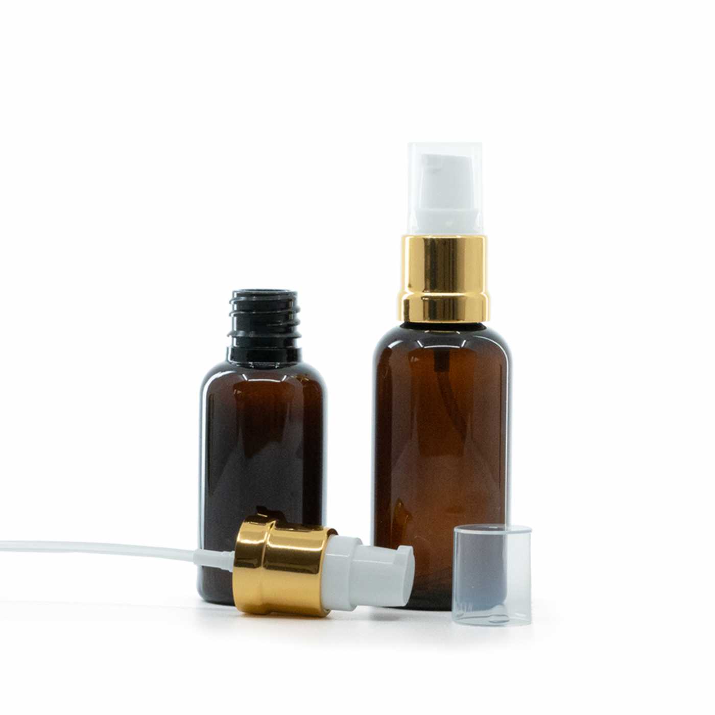 Flacon plastique ambré avec pompe blanche et or brillante, 50 ml