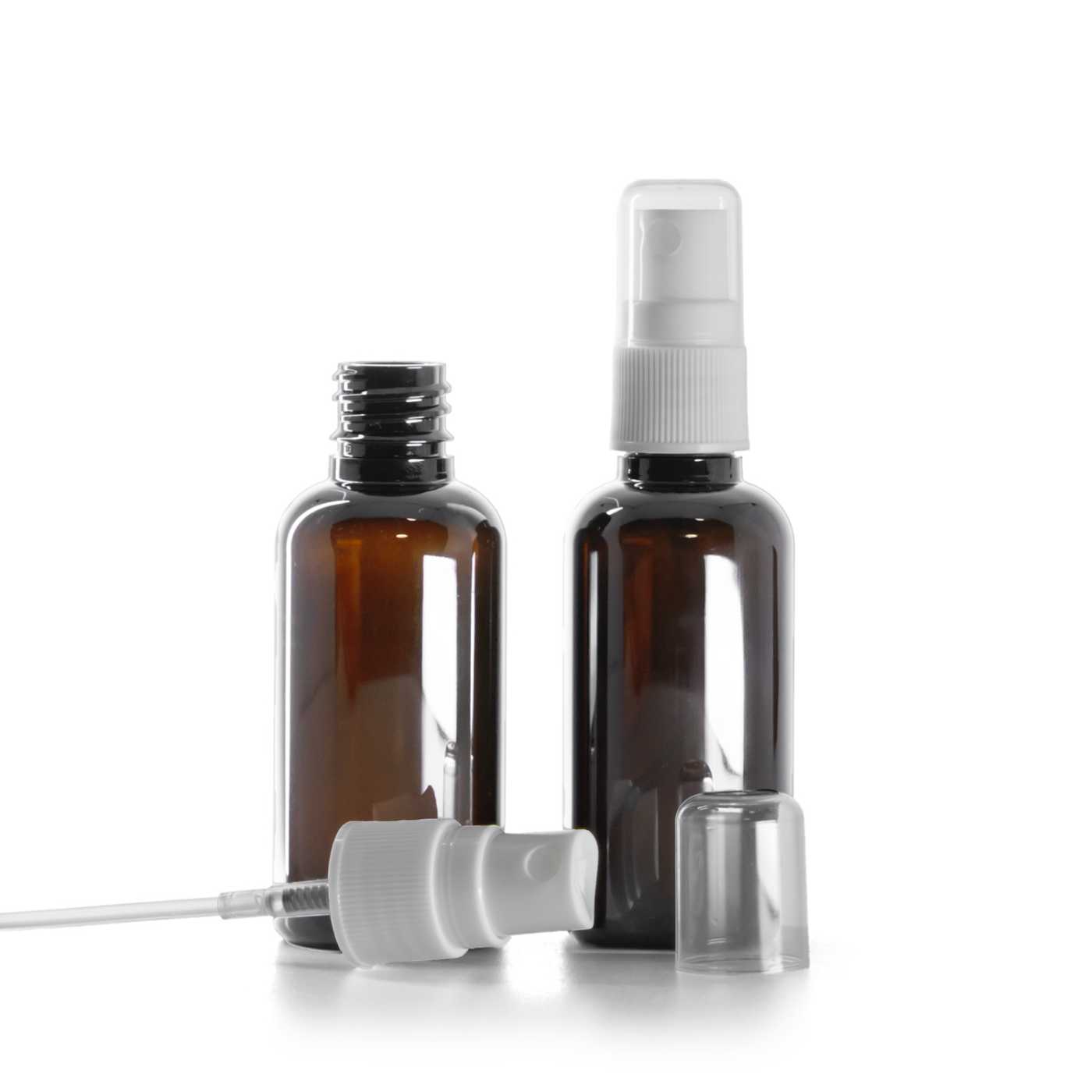 Braune Kunststoffflasche, weiße Sprühpumpe für Kunststoffflasche, 50 ml