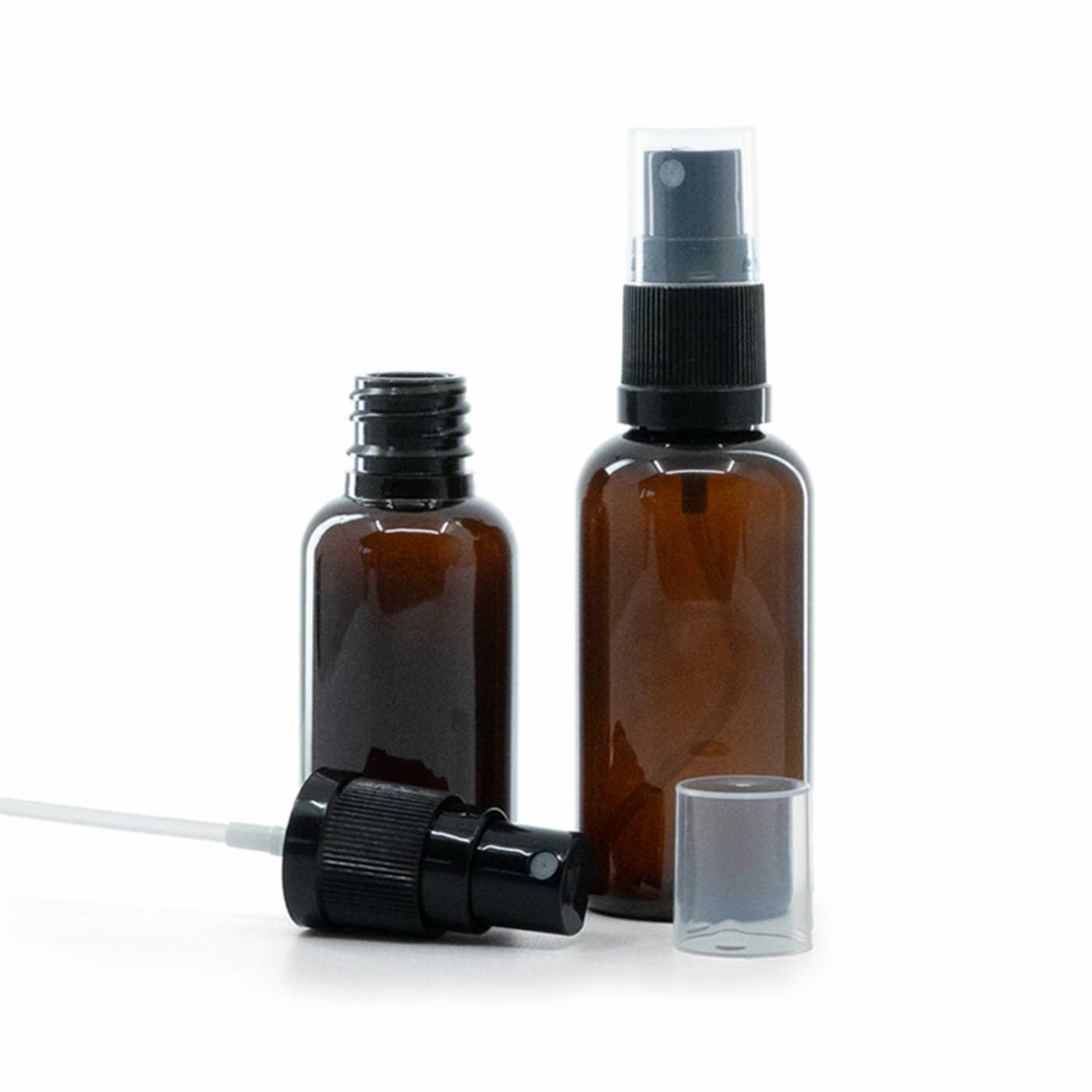 Butelka plastikowa bursztynowa, czarny atomizer, 50 ml
