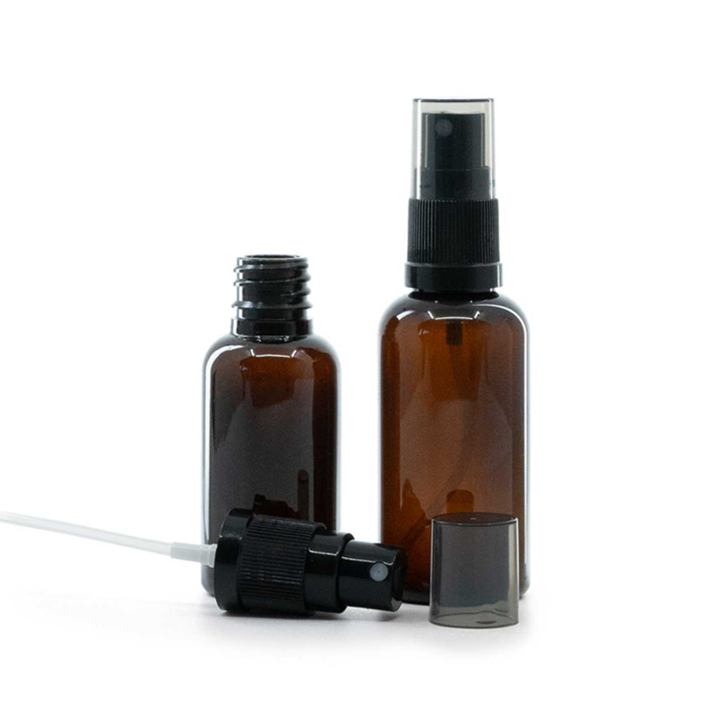 Butelka plastikowa bursztynowa, czarny atomizer, przydymiona nakładka, 50 ml