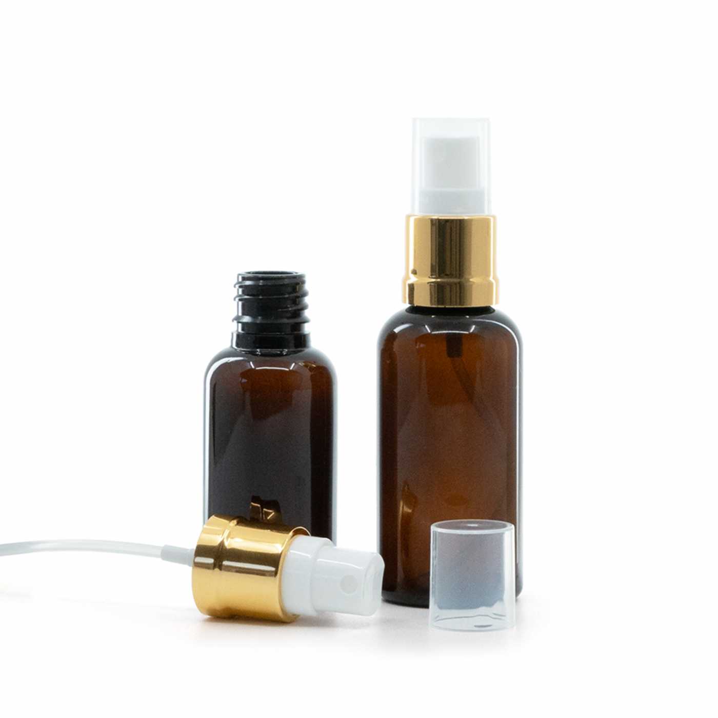 Flacon plastique ambré avec pompe spray blanc or 50 ml