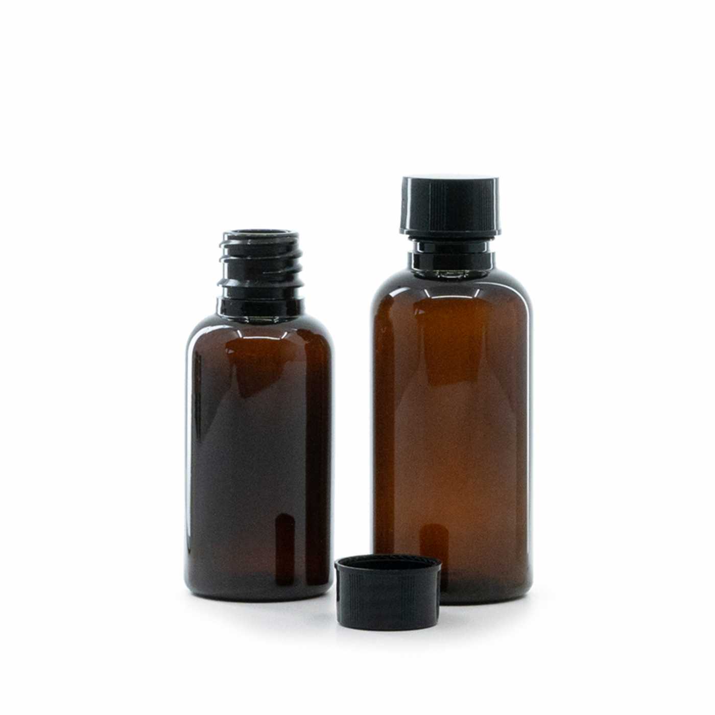Butelka plastikowa bursztynowa, czarna nakrętka, 50 ml