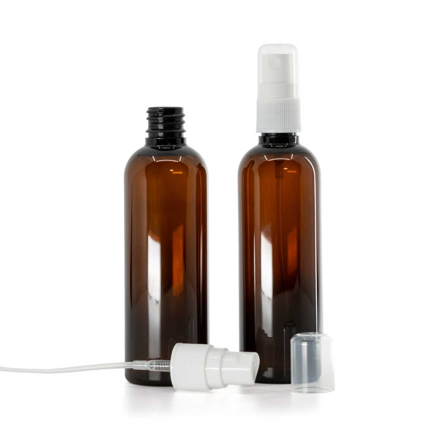 Flacon en plastique ambré, pompe spray blanche pour flacon en plastique, 100 ml