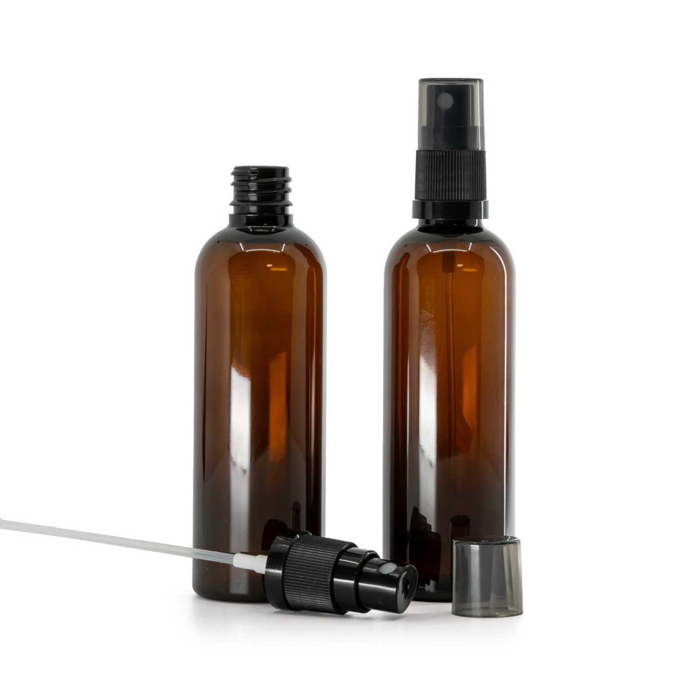 Butelka plastikowa, apteczna, brązowa, czarny atomizer, nakładka dymna, 100 ml