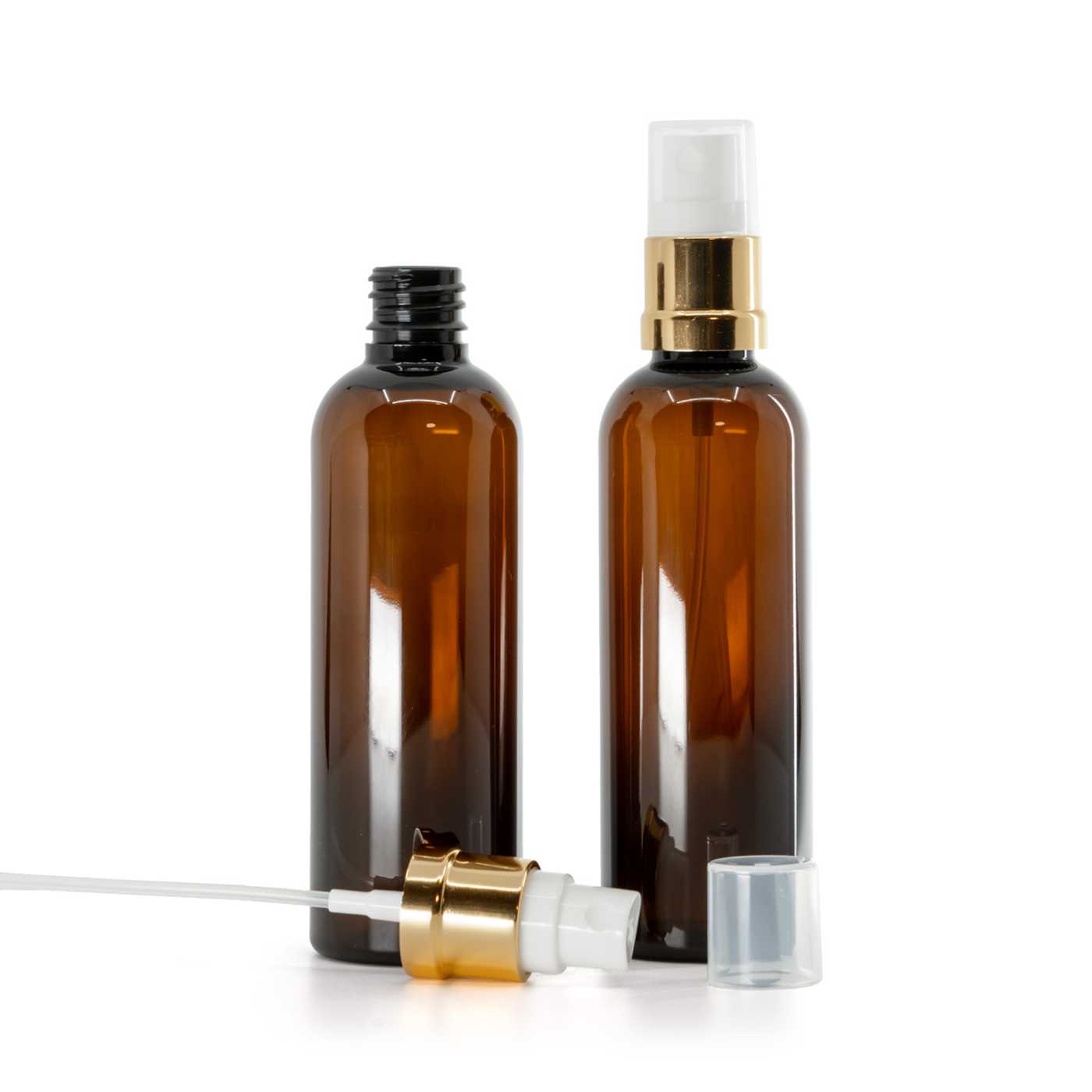 Flacon en plastique ambré, pompe spray blanc or, 100 ml
