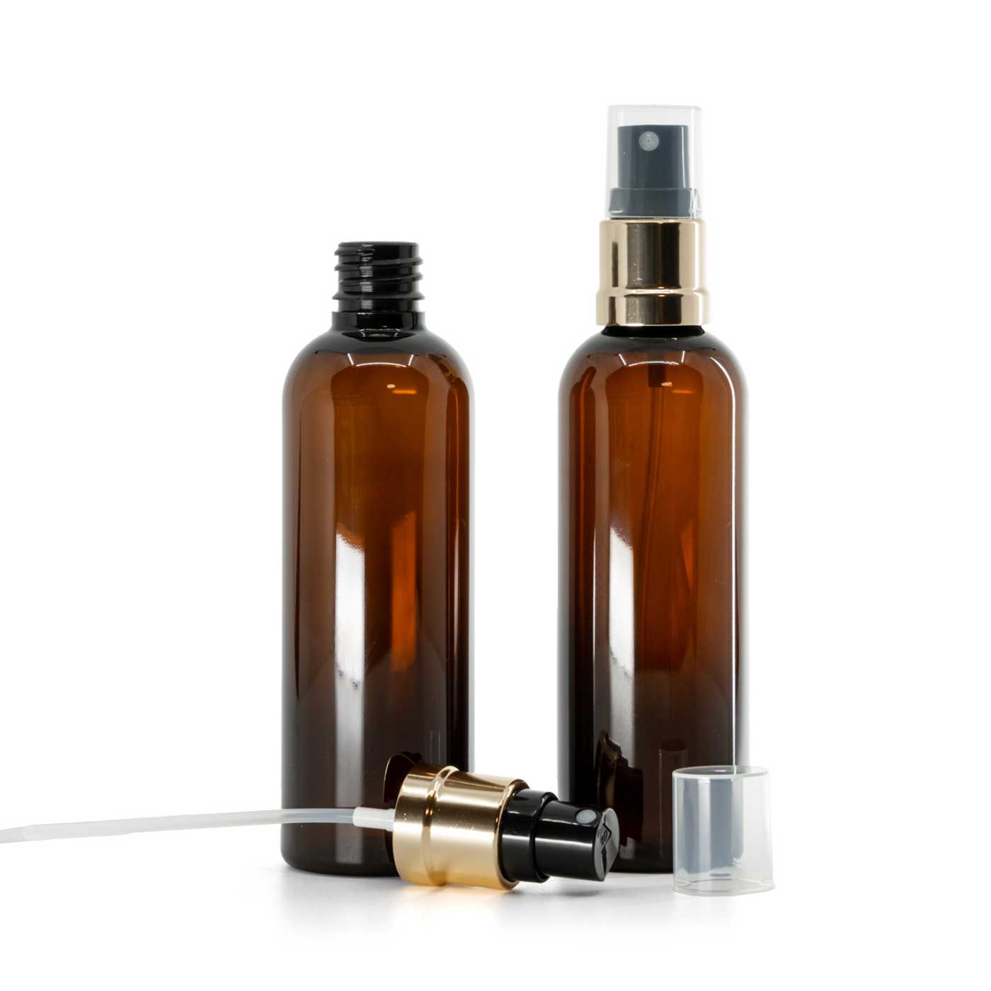 Flacon plastique ambré avec pompe spray noir et or, 100 ml