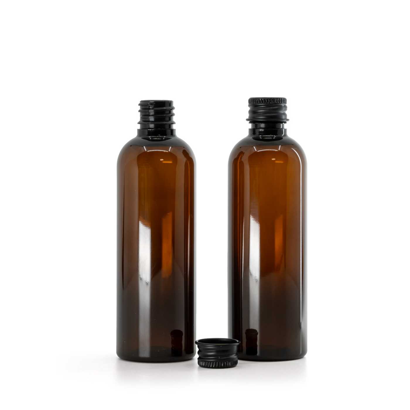 Flacon en plastique ambré, bouchon en aluminium noir, 100 ml