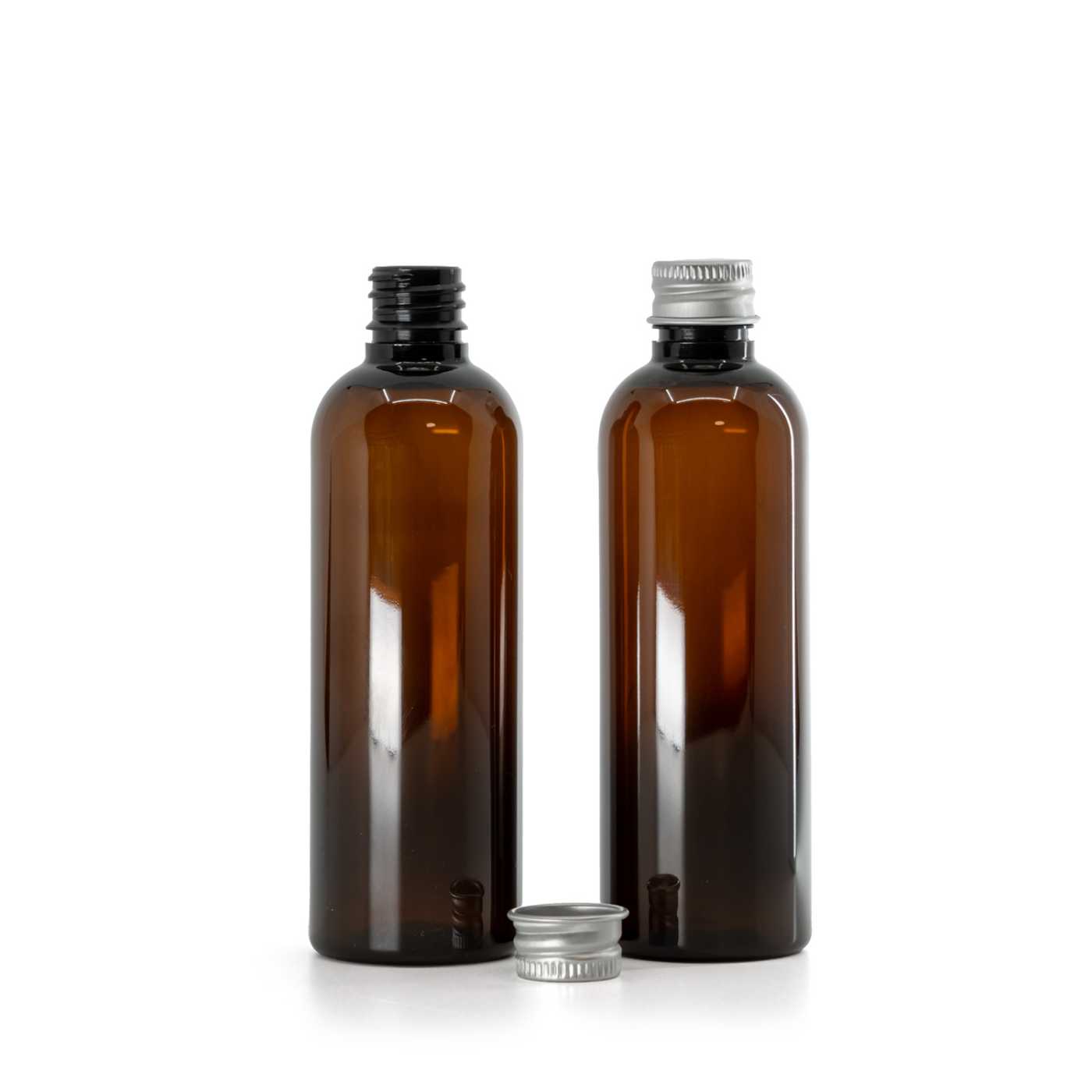 Flacon, plastique, ambre, bouchon en aluminium, 100 ml
