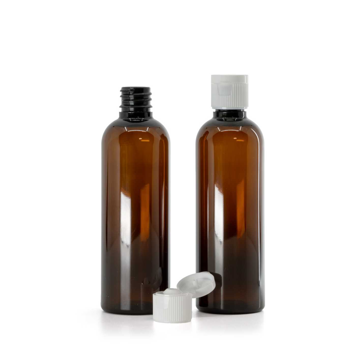 Flacon en plastique ambré, capsule service flip top blanche, 18/410, 100 ml