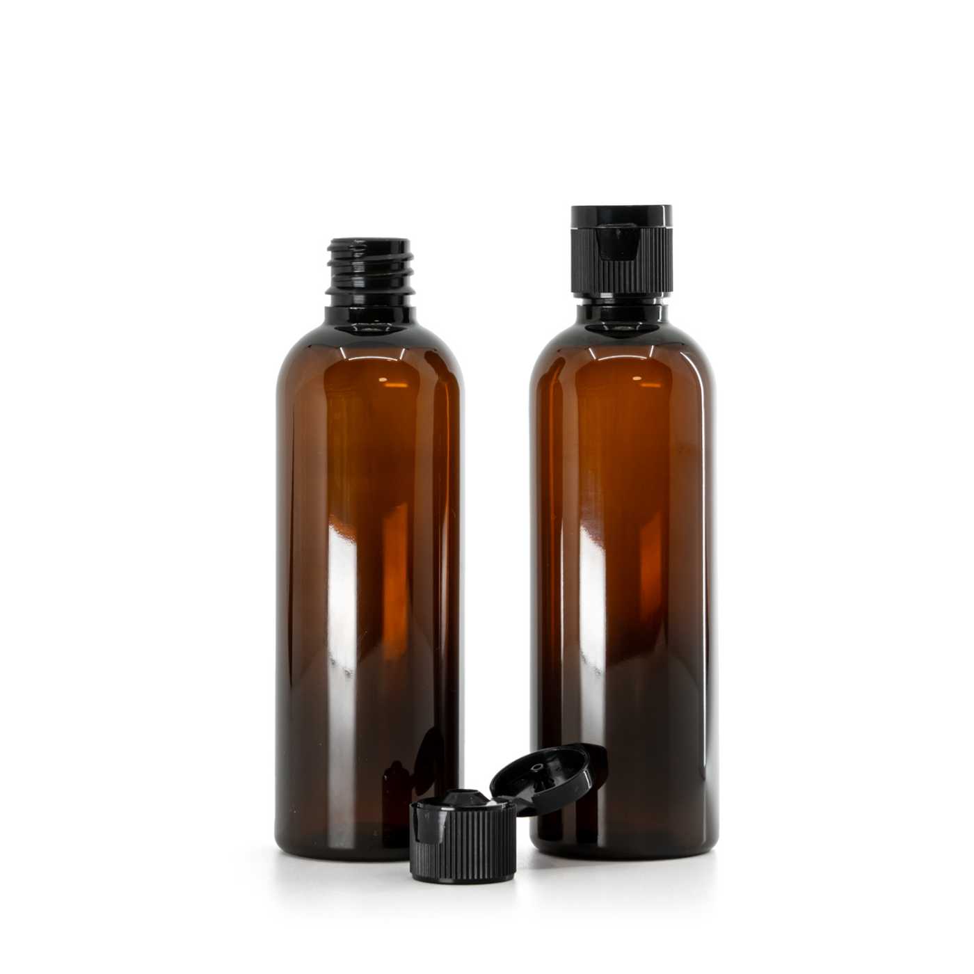 Flacon en plastique ambré, bouchon flip-top en plastique noir, 18/410, 100 ml