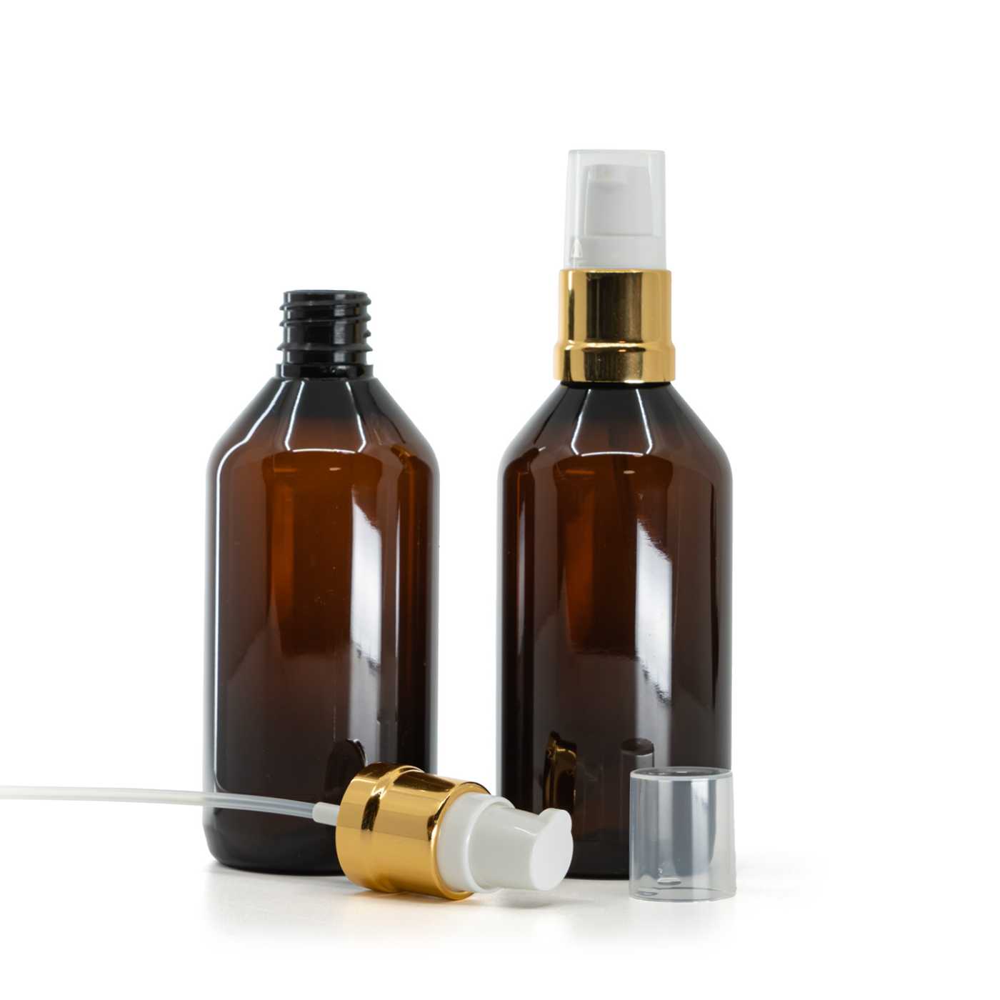 Flacon en plastique ambré, pompe blanche et dorée brillante, 115 ml