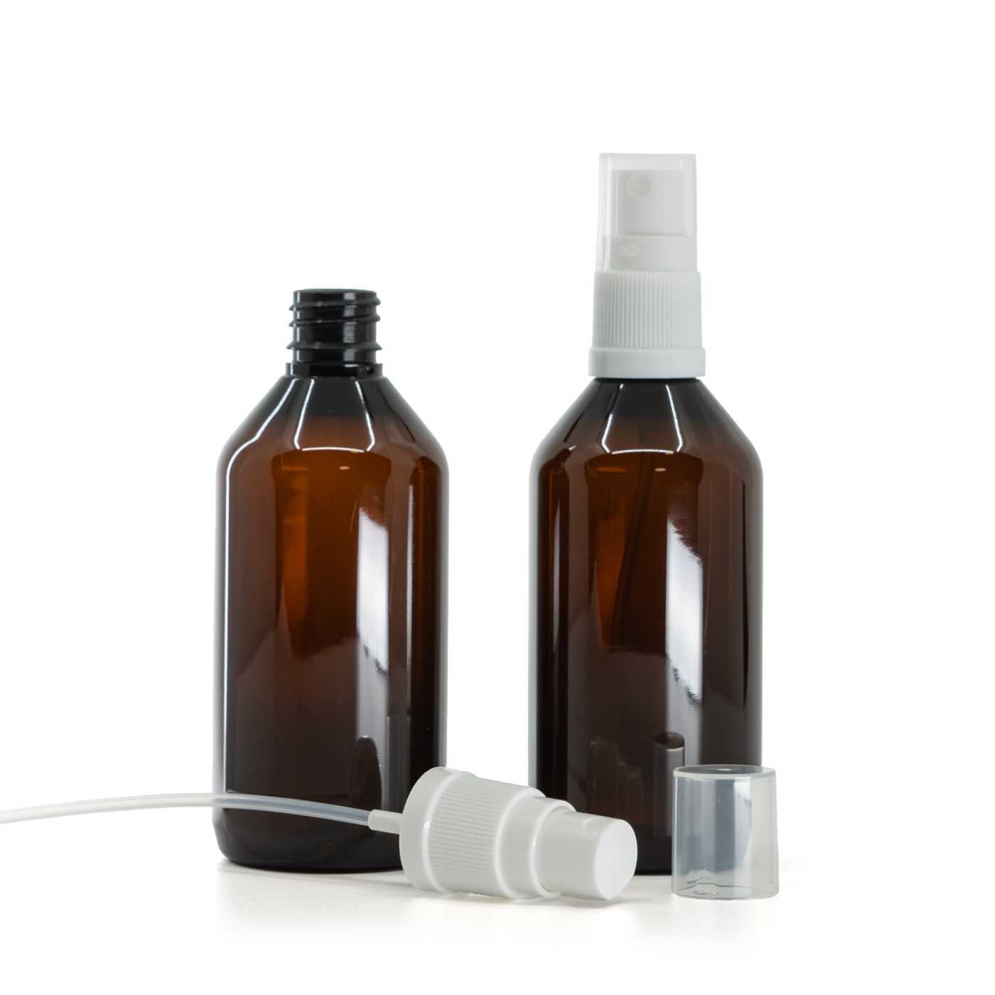 Flacon en plastique ambré 115 ml avec pompe spray blanche