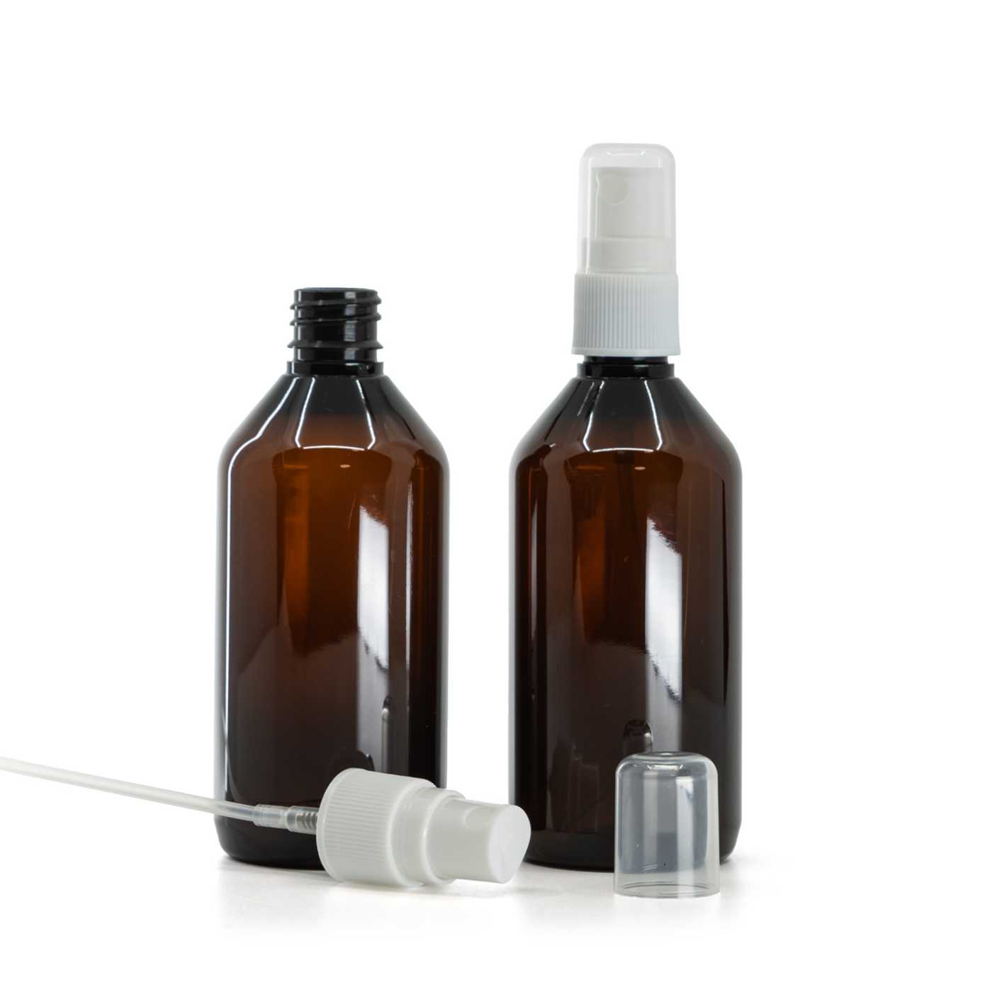 Flacon en plastique ambré avec pompe spray blanche, 115 ml
