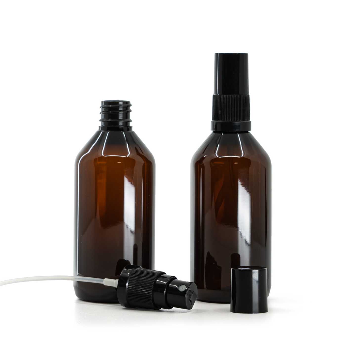 Butelka plastikowa, apteczna, brązowa, czarny atomizer, czarna nakładka, 115 ml