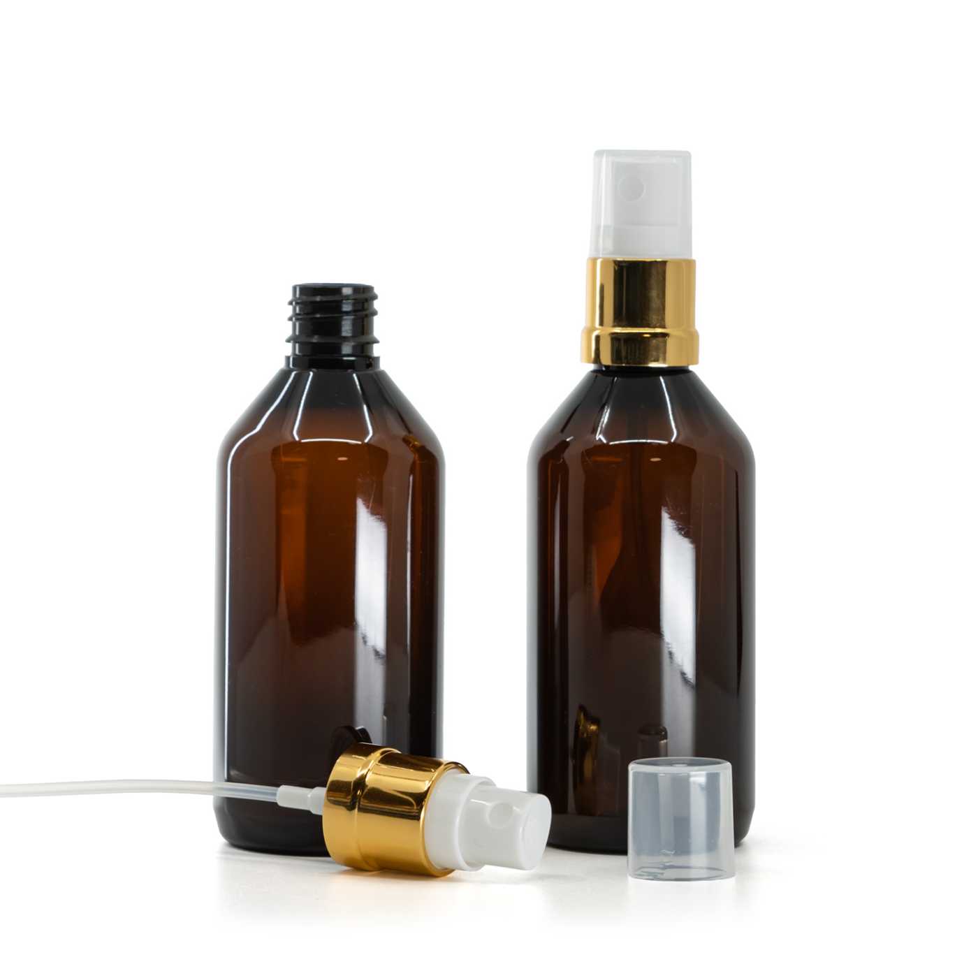 Flacon en plastique ambré avec pulvérisateur blanc et or, 115 ml