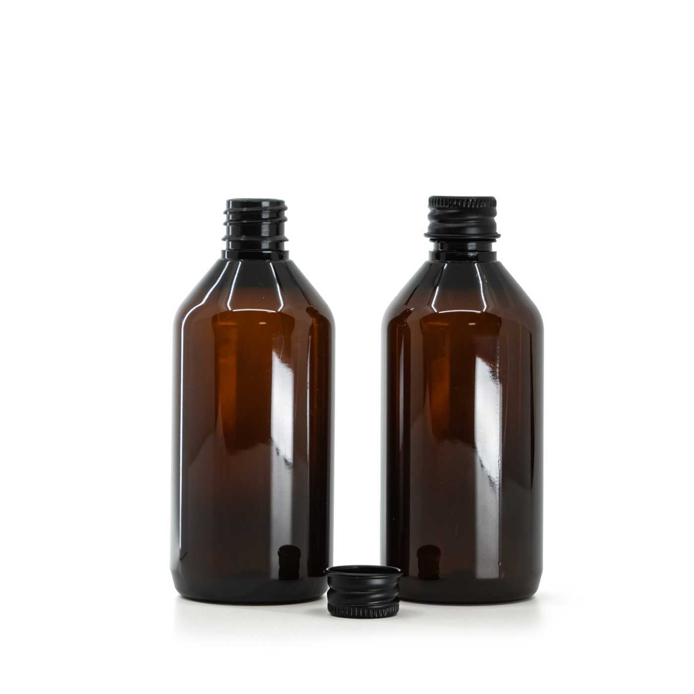 Flacon en plastique ambré, bouchon en aluminium noir, 115 ml