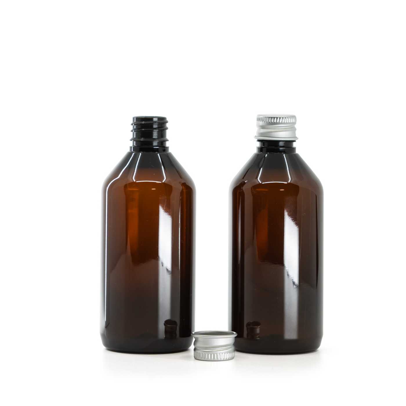 Flacon, plastique, ambré, 115 ml, bouchon en aluminium