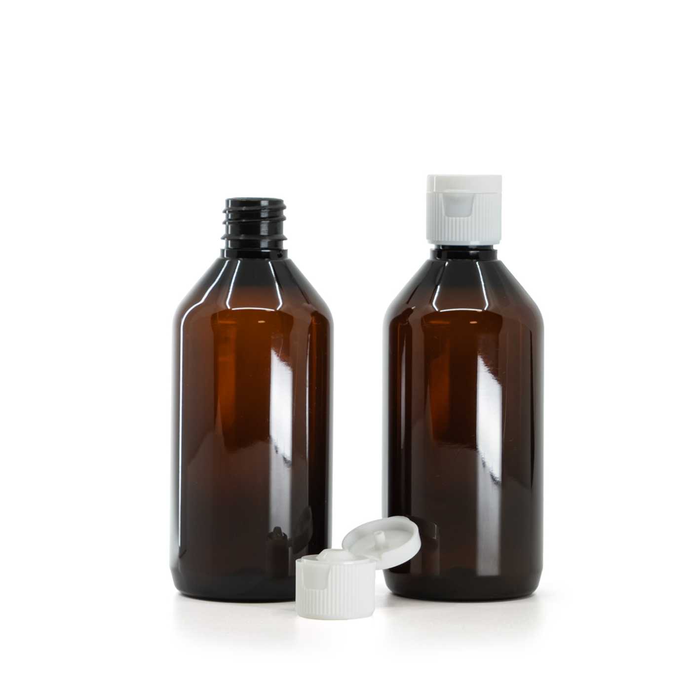 Flacon plastique ambré, bouchon flip-top blanc, 18/410, 115 ml