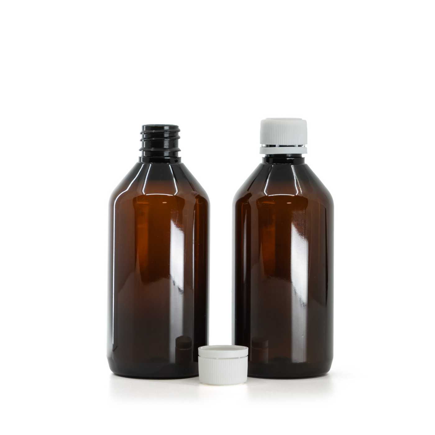 Flacon en plastique ambré, bouchon de sécurité blanc avec bague d’inviolabilité, 115 ml