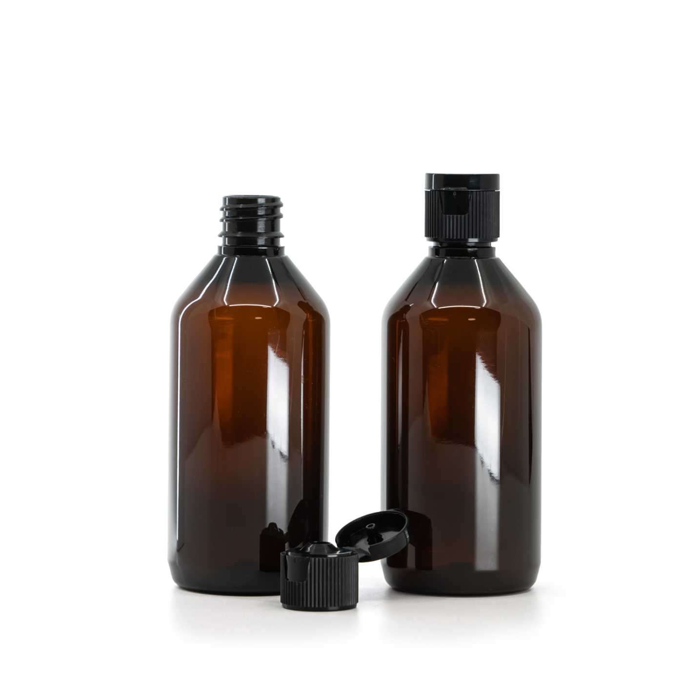 Flacon en plastique ambré, bouchon flip-top en plastique noir, 18 mm, 115 ml