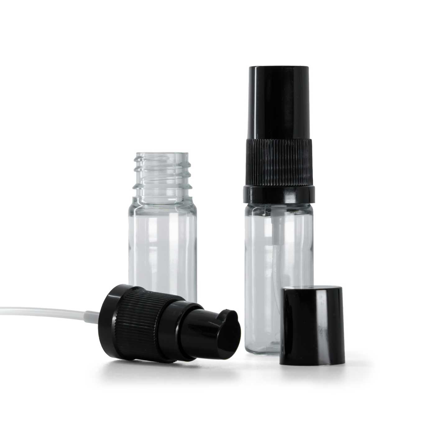 Átlátszó műanyag palack fekete krémadagoló pumpával és fekete kupakkal, 10 ml
