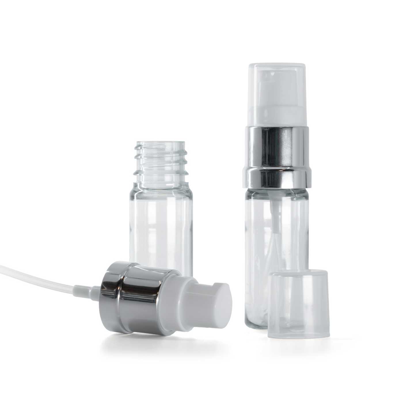 Átlátszó műanyag palack fényes fehér-ezüst pumpával, 10 ml