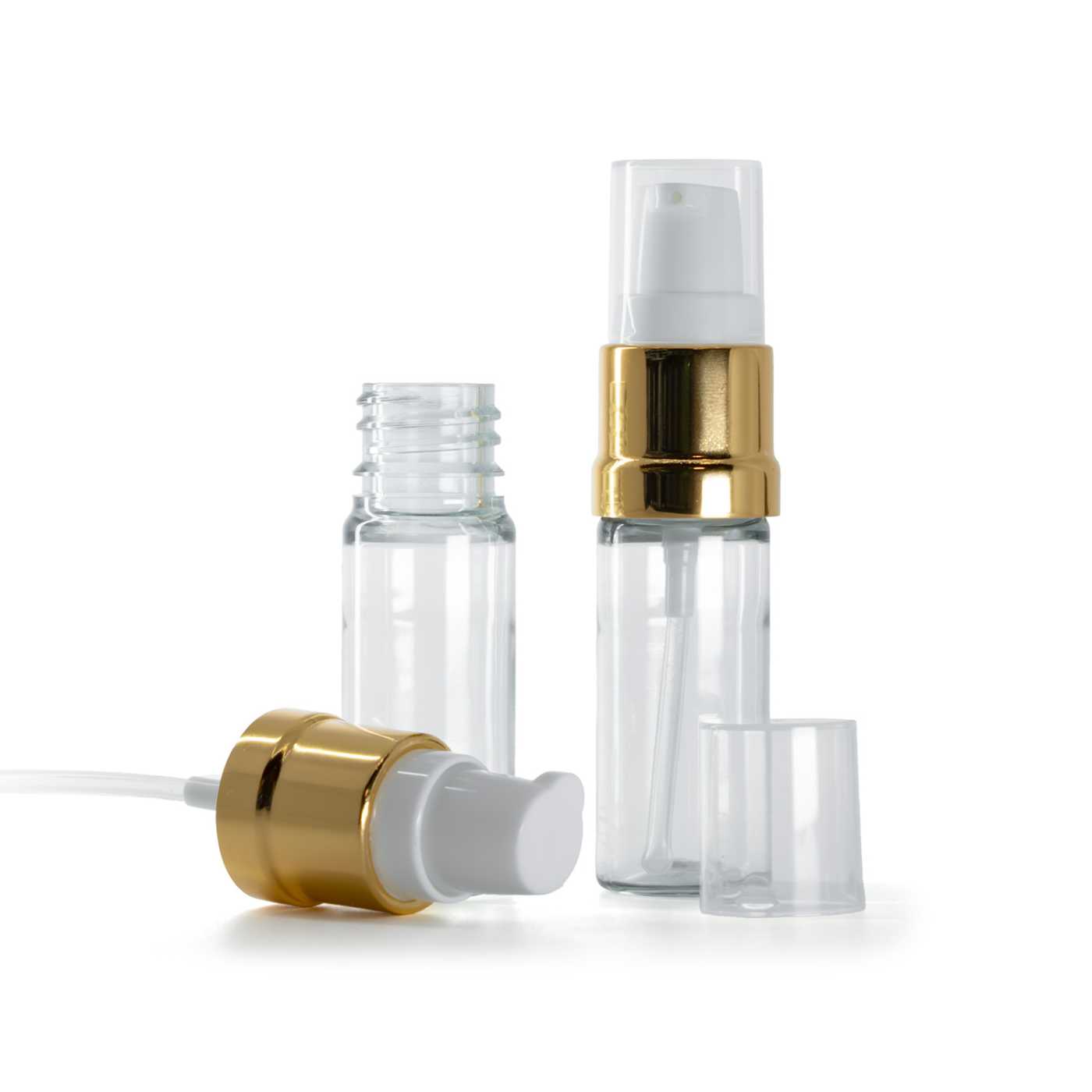 Átlátszó műanyag flakon fehér-arany fényes pumpával, 10 ml