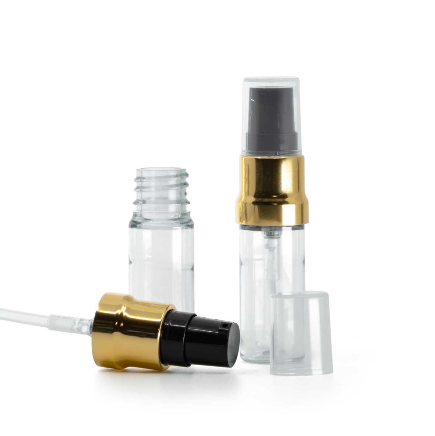 Átlátszó műanyag palack fényes fekete-arany pumpával és átlátszó kupakkal, 10 ml
