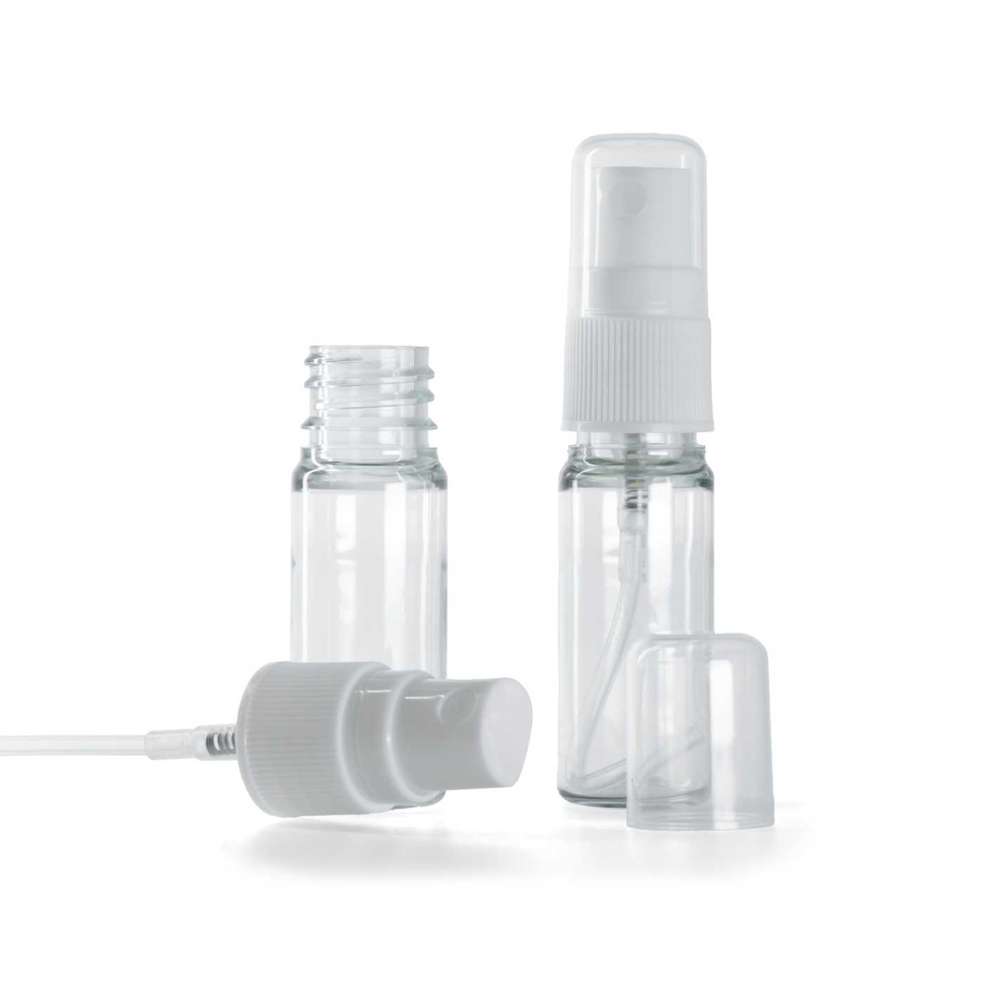 Átlátszó műanyag palack fehér permetezőfejjel, 10 ml