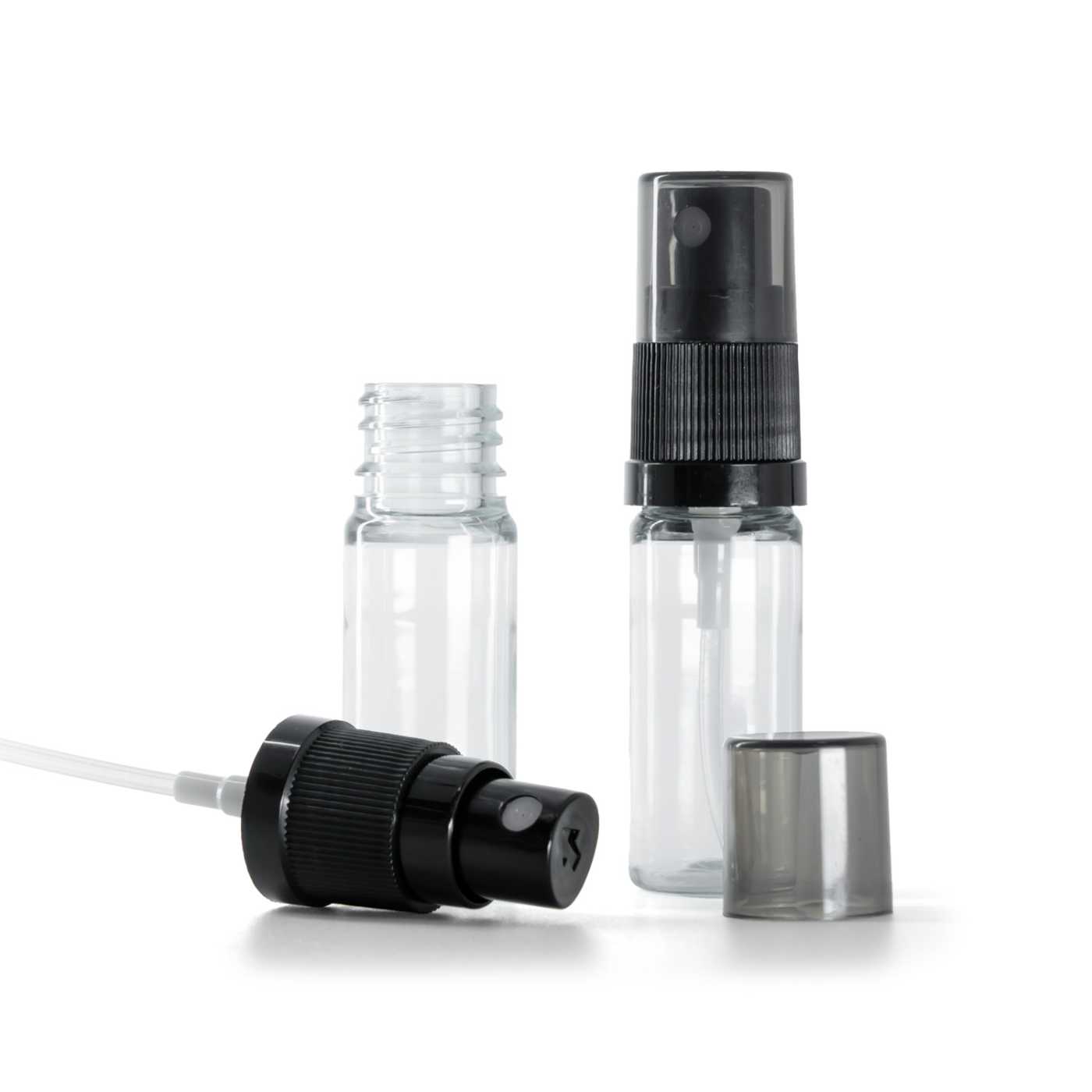 Butelka plastikowa przezroczysta, czarny atomizer, przydymiony kapturek, 10 ml