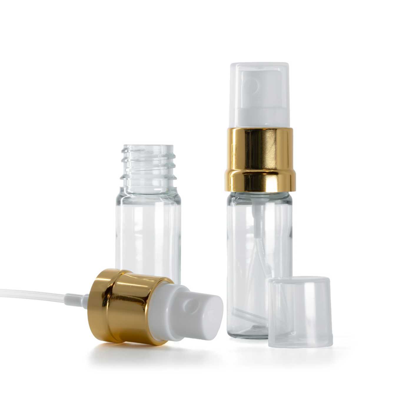 Átlátszó műanyag flakon fehér-arany permetezőfejjel 10 ml
