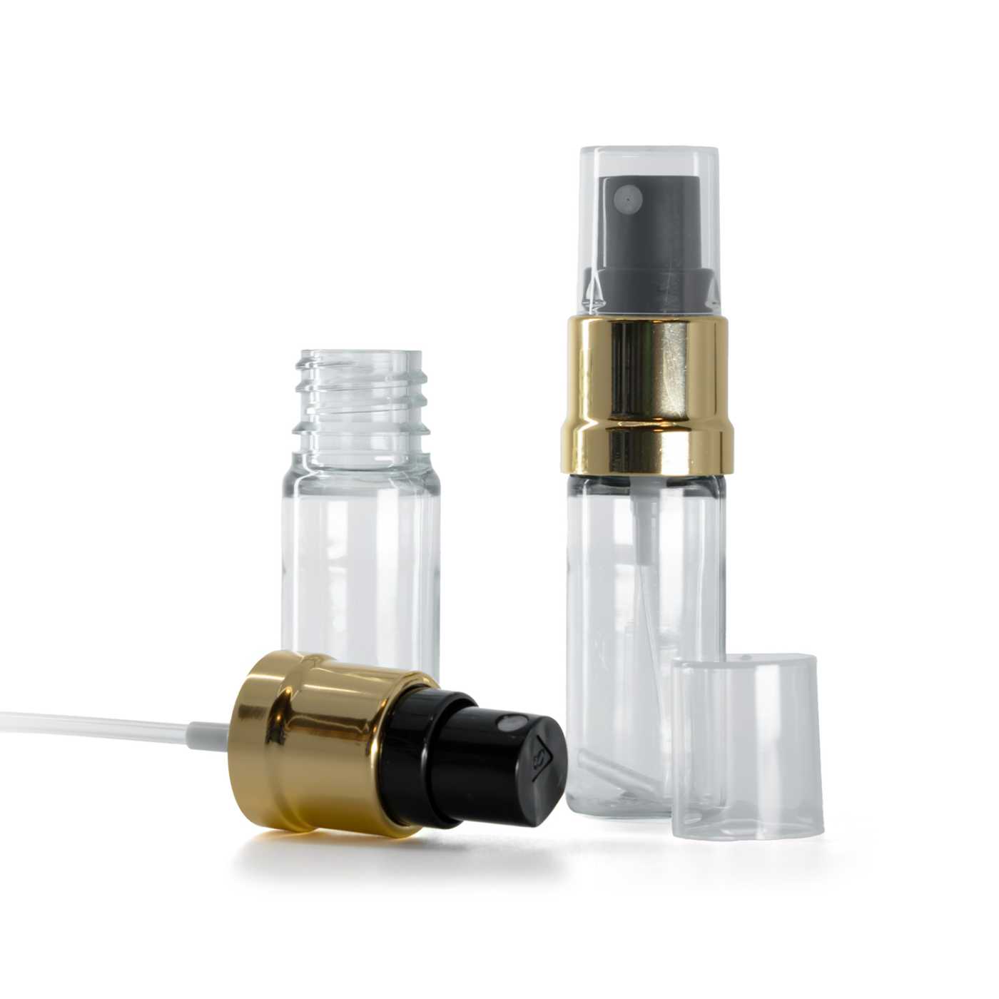 Átlátszó műanyag flakon fekete-arany permetezőfejjel, 10 ml