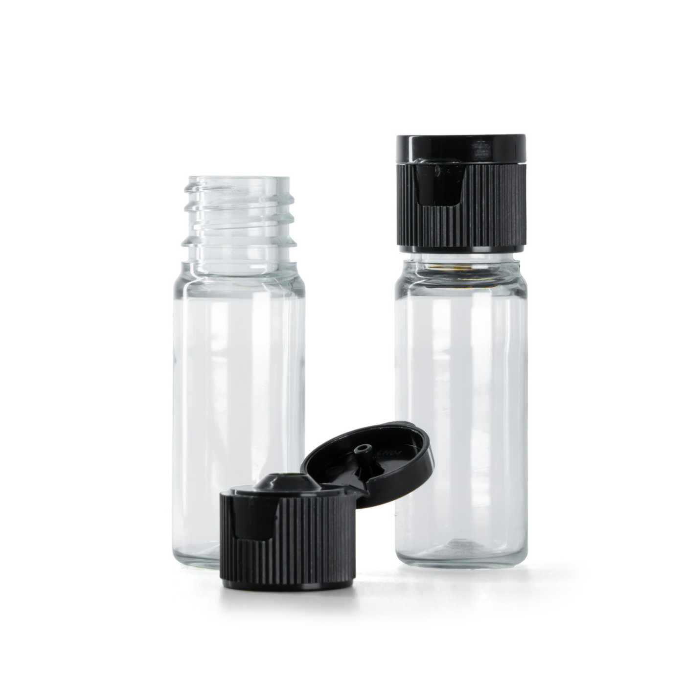 Flacon en plastique transparent, bouchon flip-top en plastique noir, 18/410, 10 ml