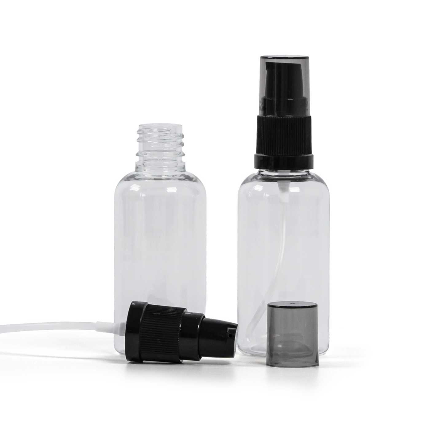 Átlátszó műanyag üvegcse, fekete krémadagoló füstös felső kupakkal, 50 ml