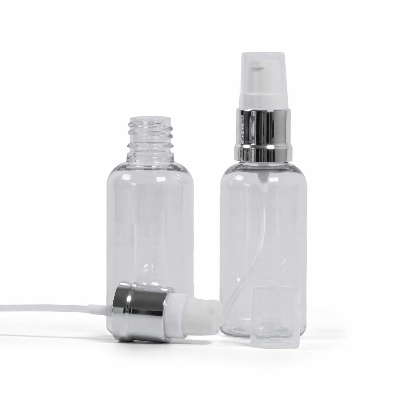 Átlátszó műanyag palack fényes fehér-ezüst adagolóval, 50 ml