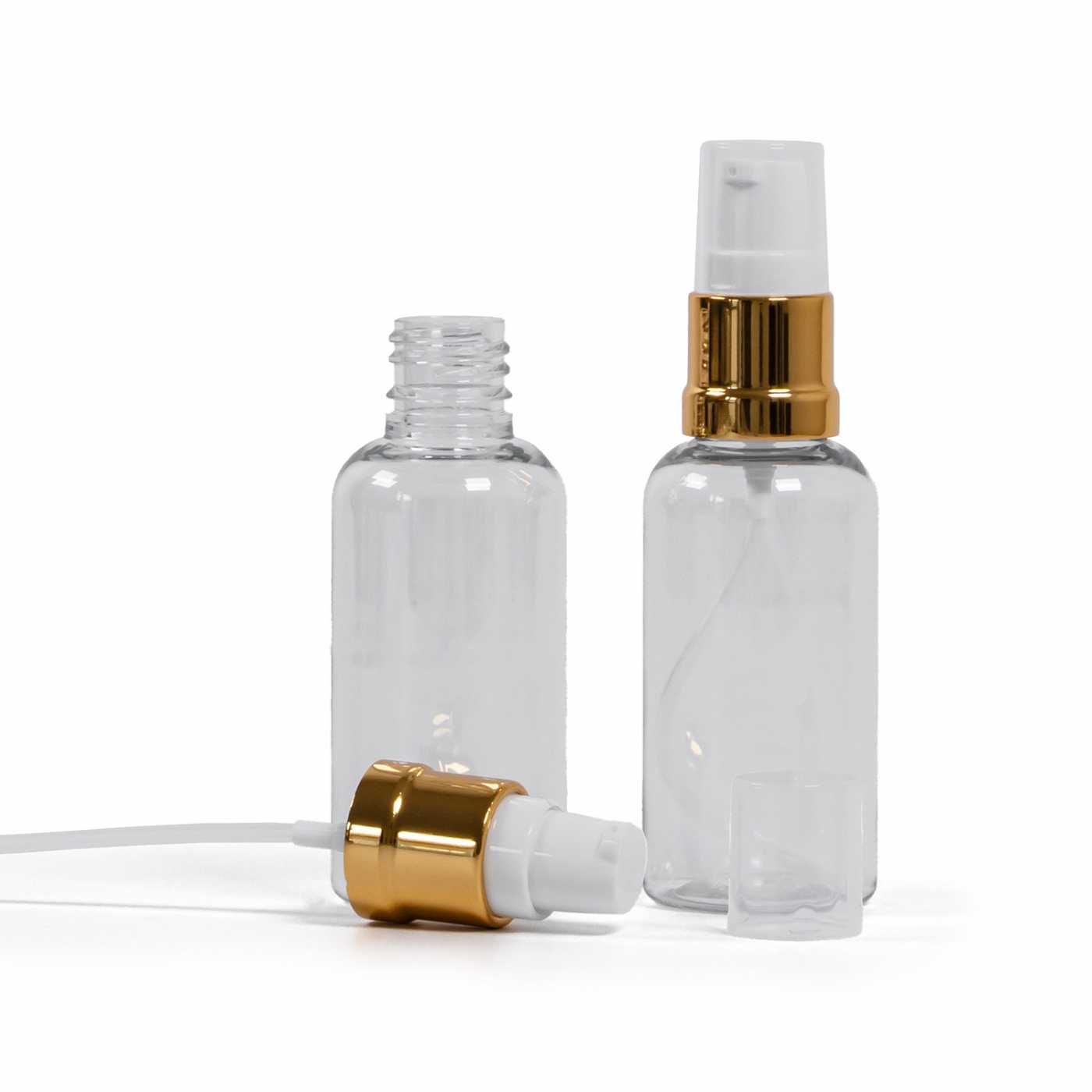 Átlátszó műanyag palack fényes fehér-arany pumpával, 50 ml