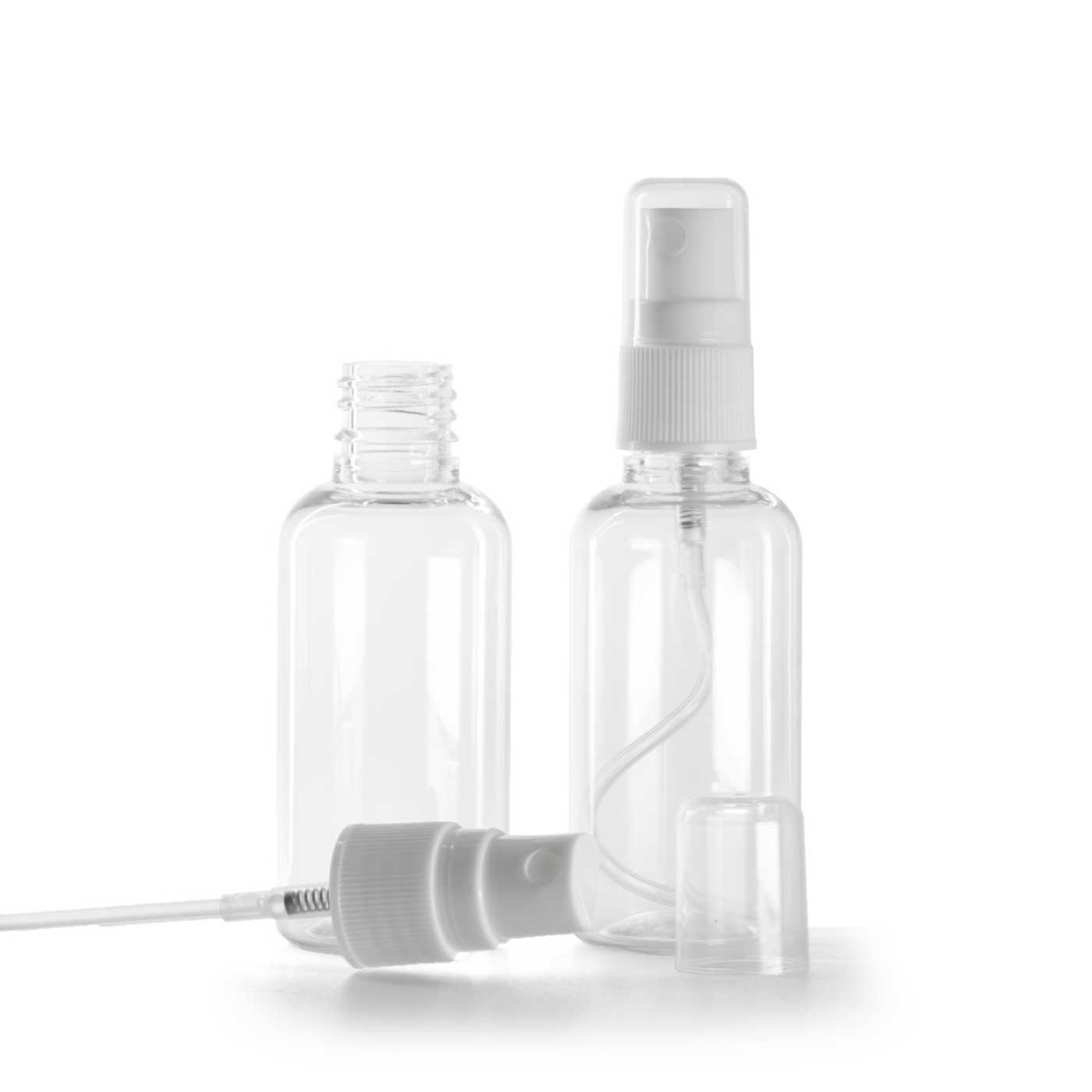 Átlátszó műanyag palack fehér permetezőfejjel, 50 ml