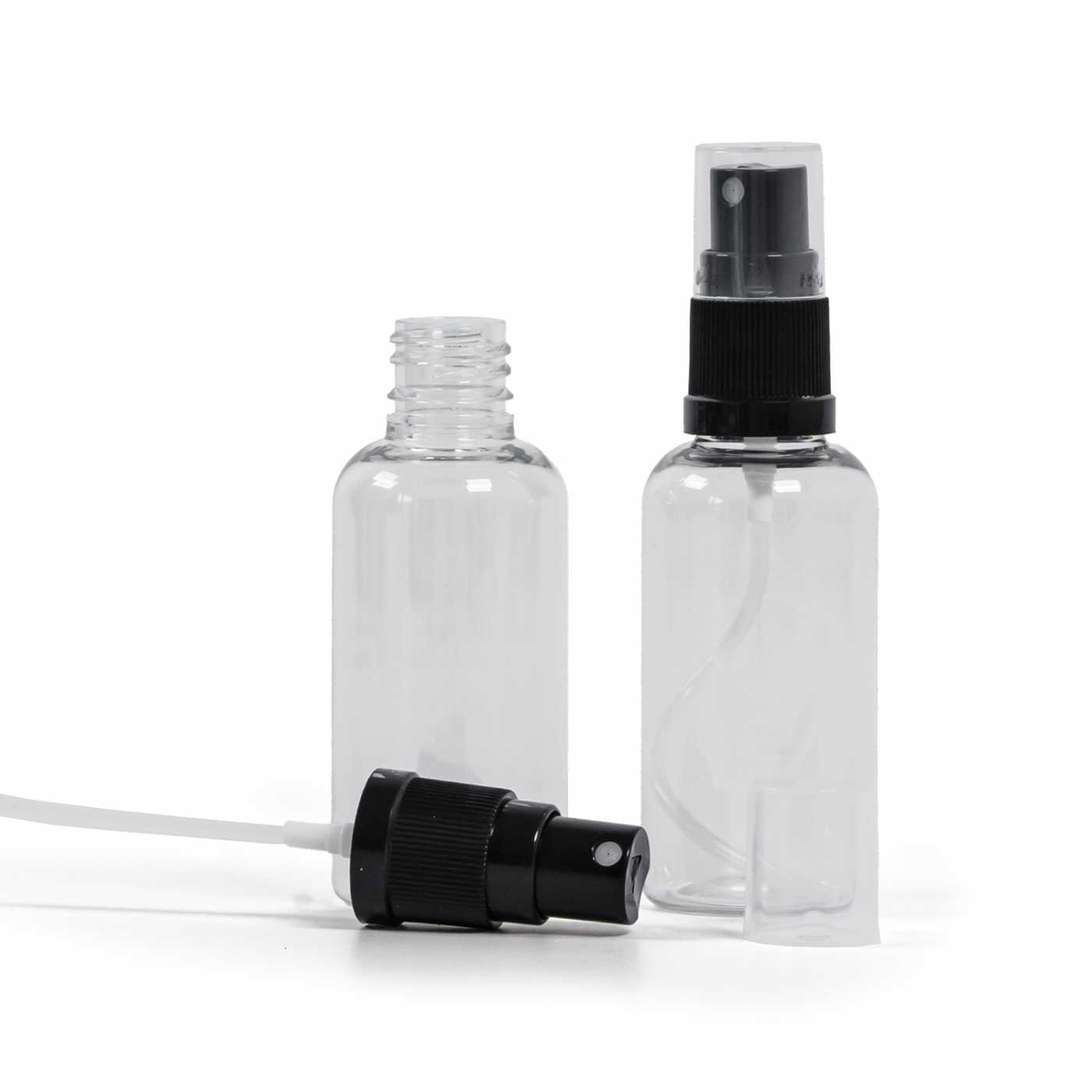 Átlátszó műanyag flakon fekete permetezőfejjel 50 ml