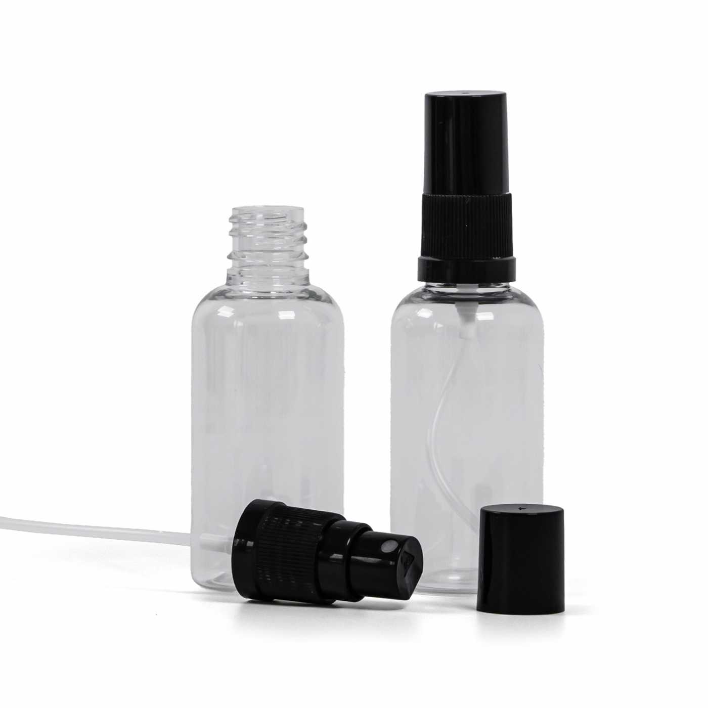 Butelka plastikowa, apteczna, przezroczysta, czarny atomizer, czarna nasadka, 50 ml