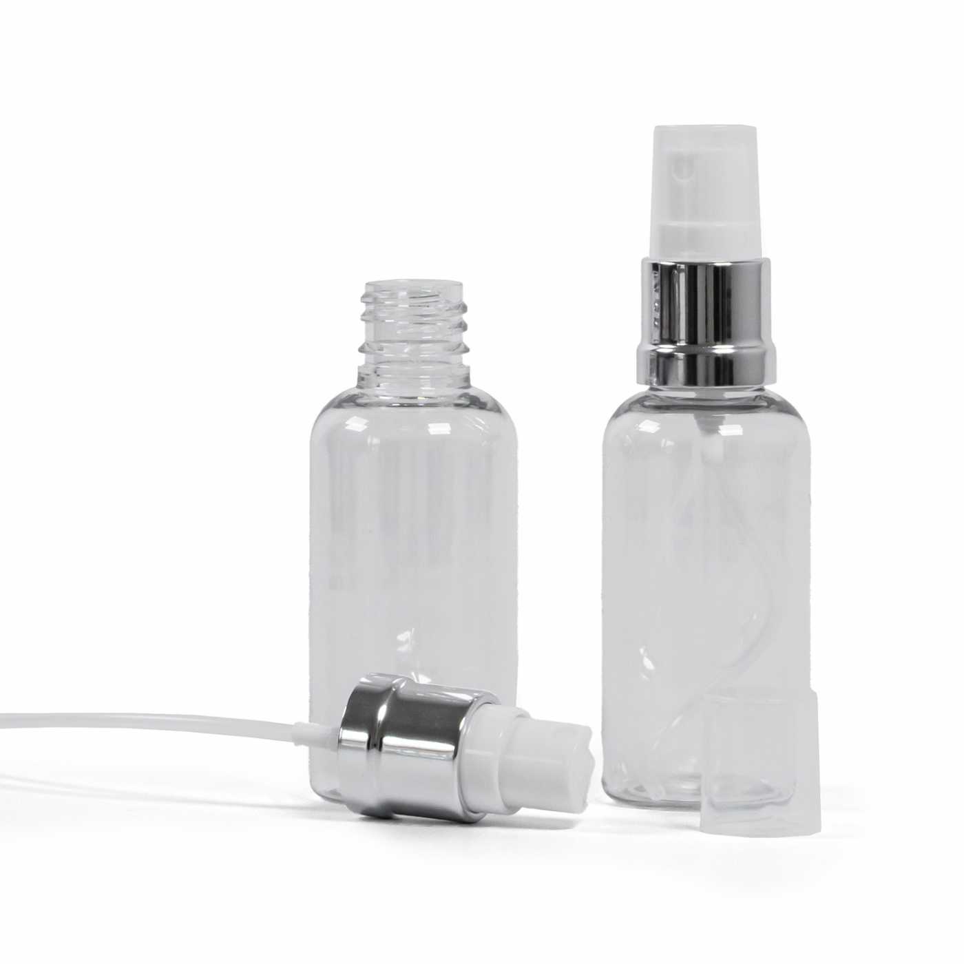 Butelka plastikowa przezroczysta, biało-srebrny atomizer, 50 ml