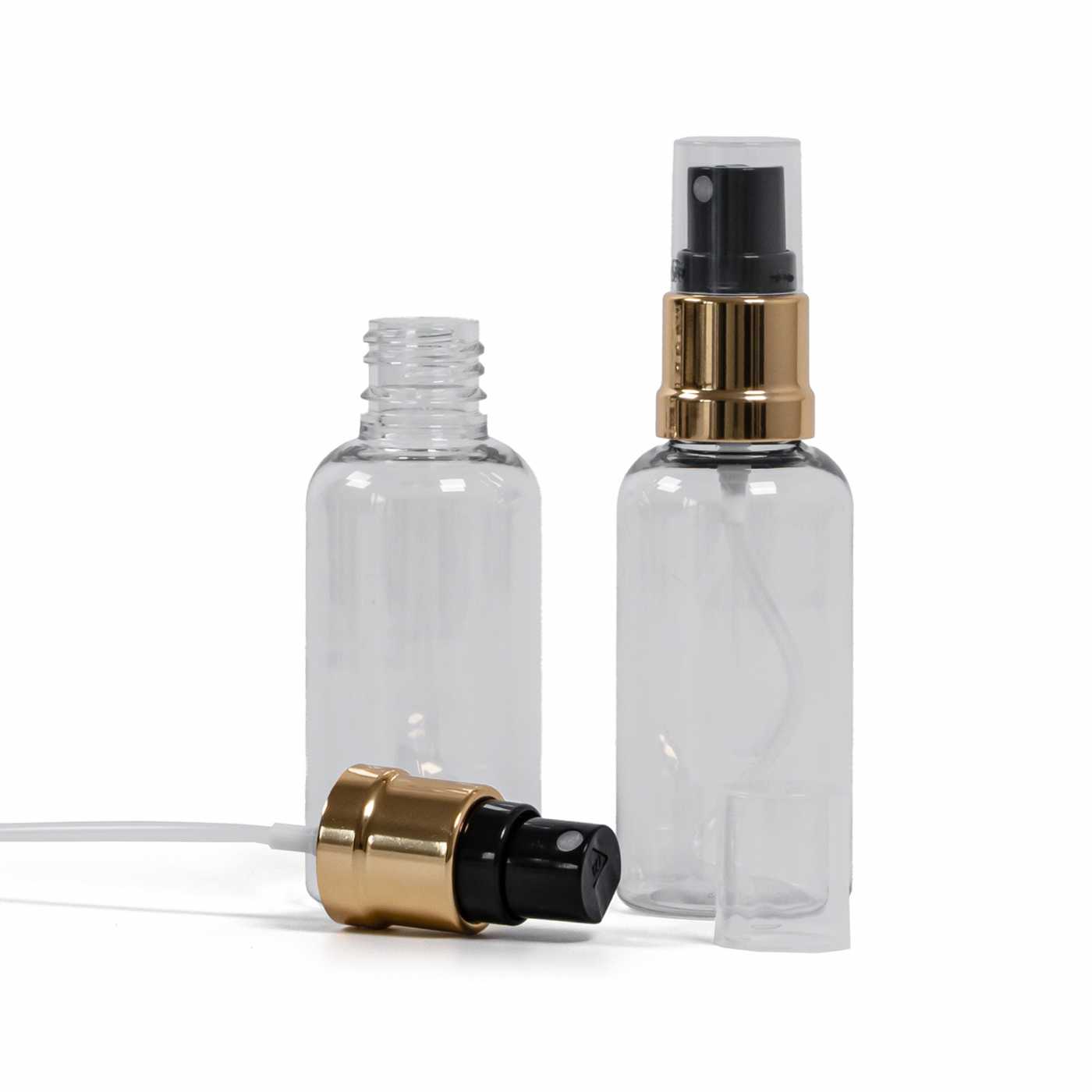 Átlátszó műanyag palack fekete-arany permetezőfejjel 50 ml