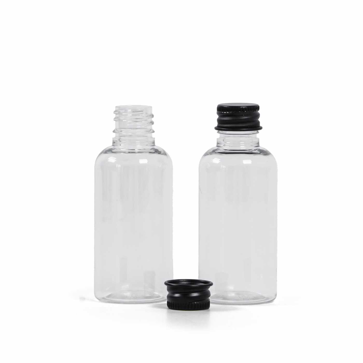 Átlátszó műanyag palack fekete alumínium kupakkal 50 ml