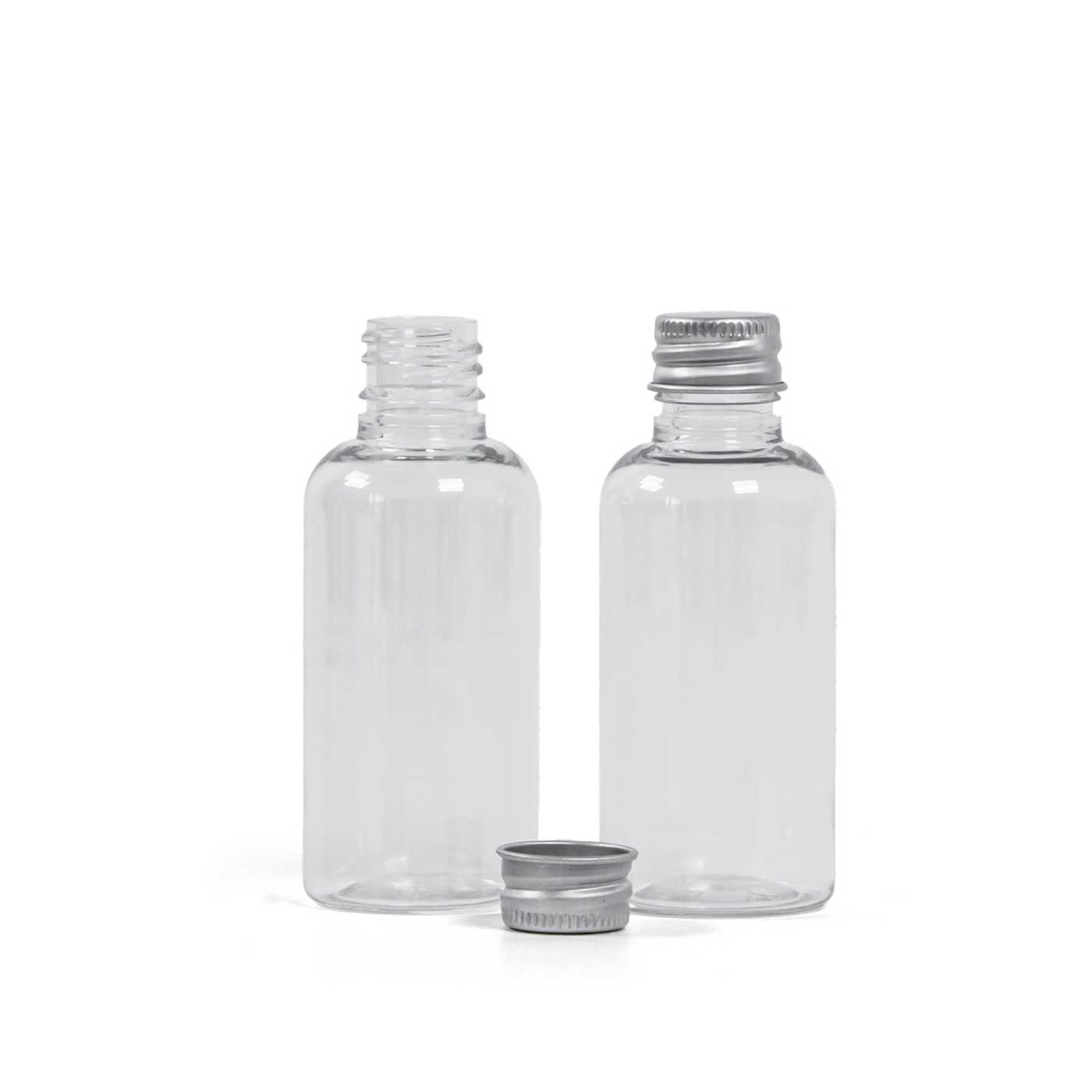 Műanyag flakon, átlátszó, ezüst alumínium kupak, 50 ml